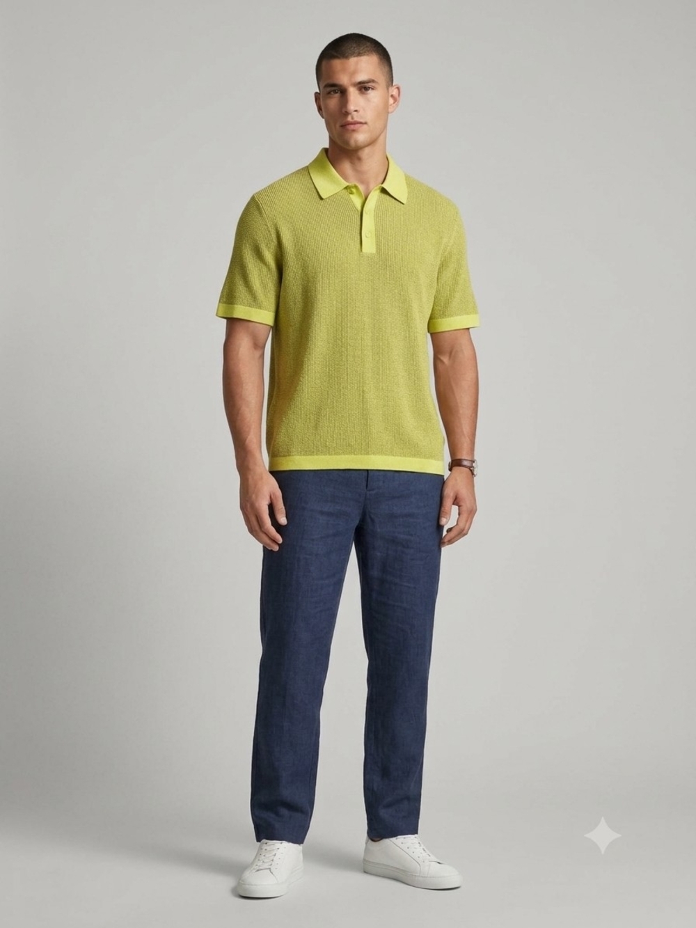 COS Waffle Knit Cotton Polo Shirt Lime Green Size XL